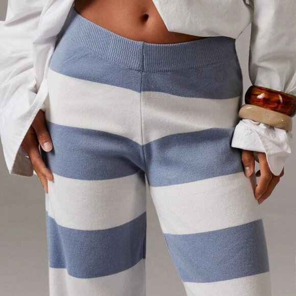 Multicolor Casual Women's Colorblock Striped Wide Leg Knit Pants - Picture 5 of 5